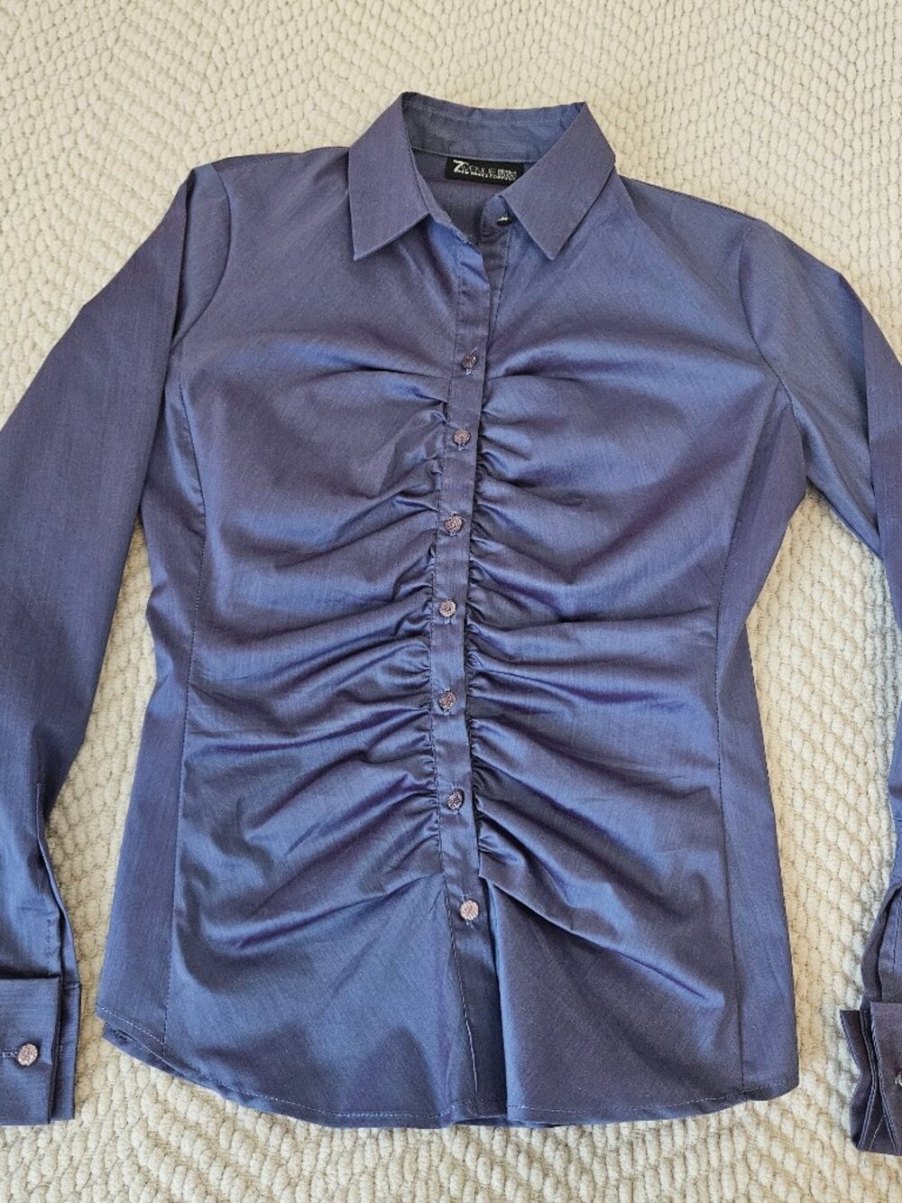 New York & Company 7th Avenue Iridescent Navy Ruched Blouse XS Petite Top